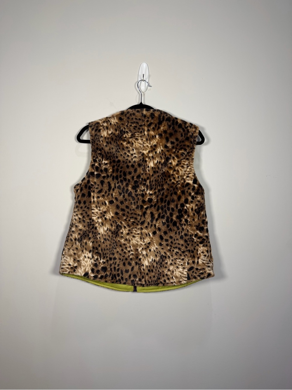 Reversible Leopard Faux Fur Lime Green Zip Vest Statement Y2K - Picture 4 of 5